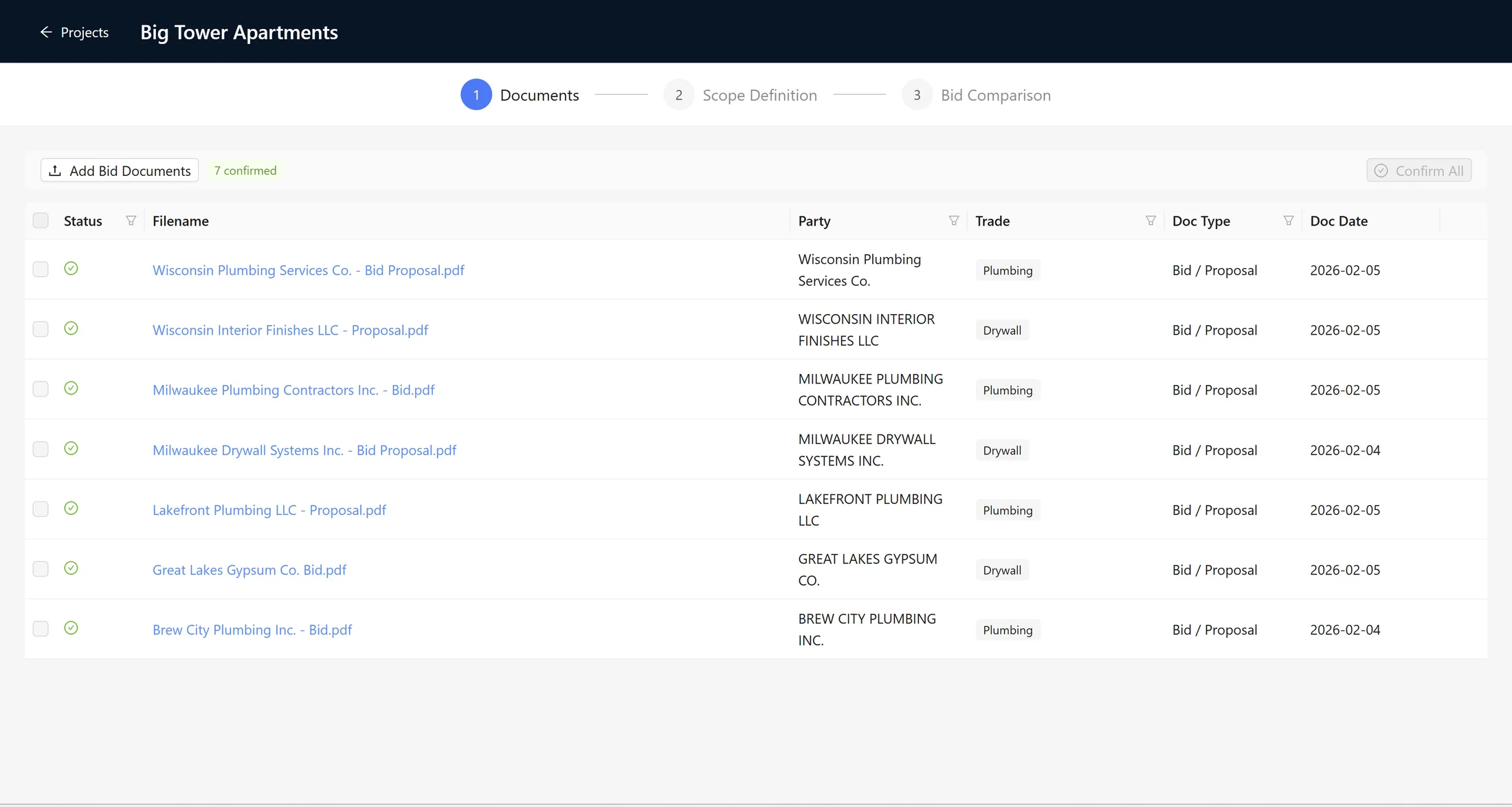 Document upload interface showing bid PDFs queued for processing