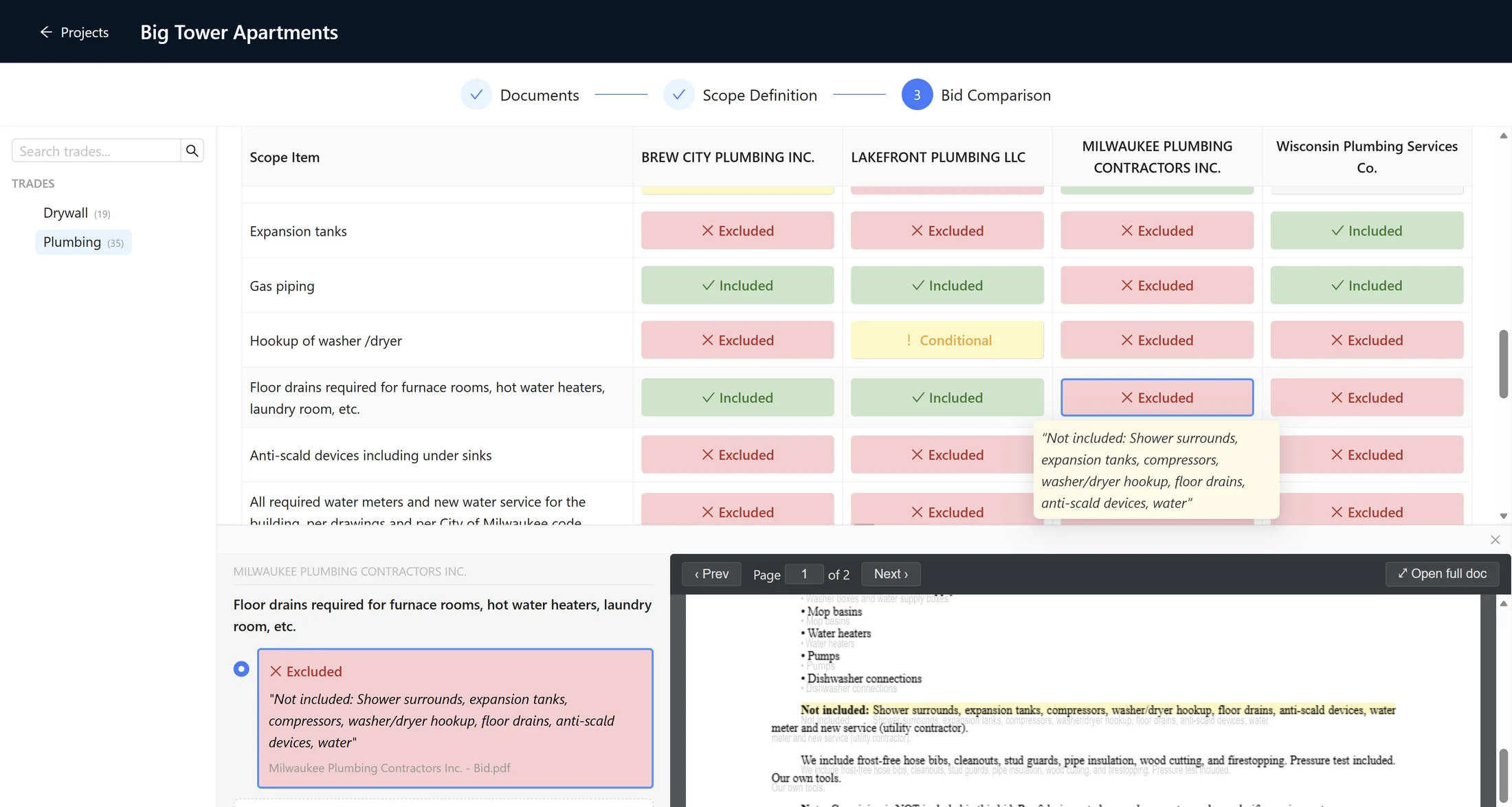 Leveled bid matrix with trade-by-trade comparison ready for export